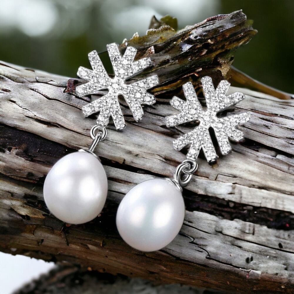 NEW sterling silver freshwater Pearl Christmas holiday CZ earrings jewelry B16A